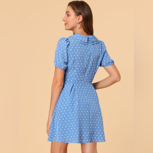 NWT Allegra K Heart Print Short Sleeve A-Line Peter Pan Collar Mini Dress Blue - Picture 13 of 13